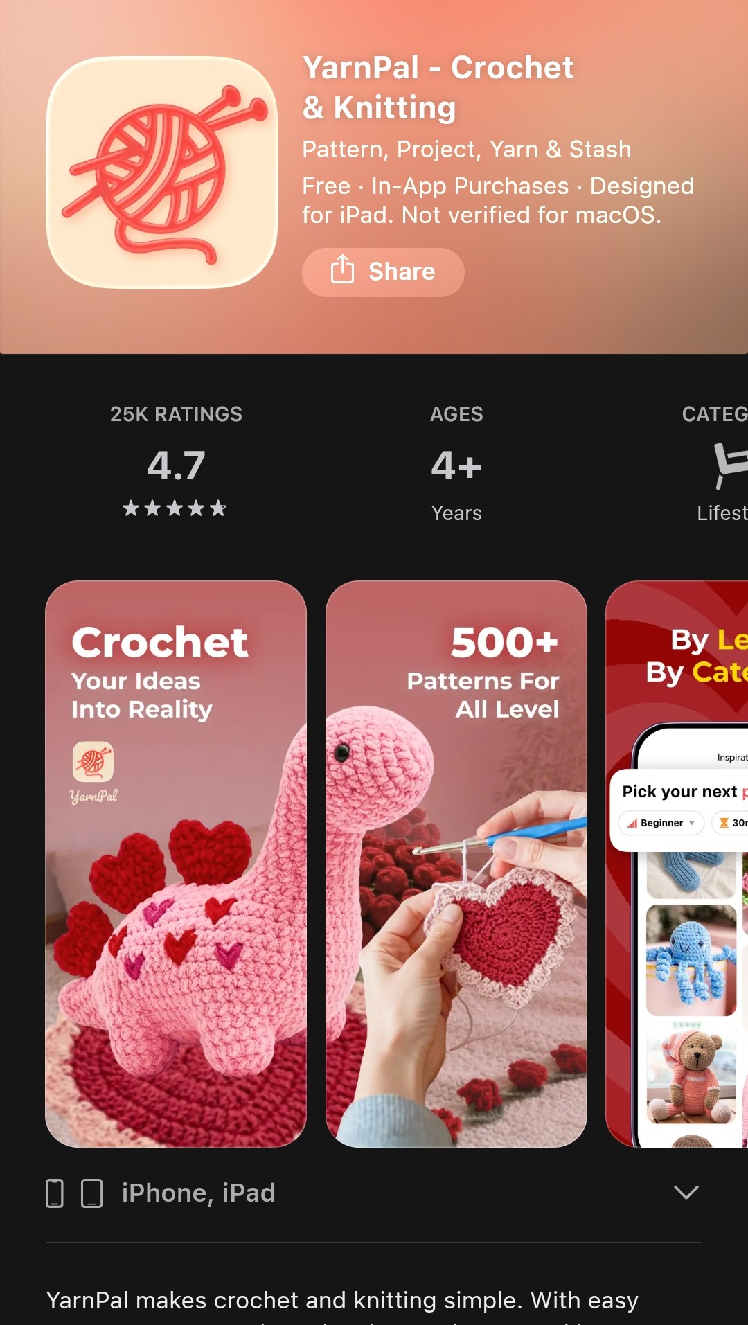 YarnPal App Store listing — crochet and knitting tracker app generating $500,000 per month on iOS