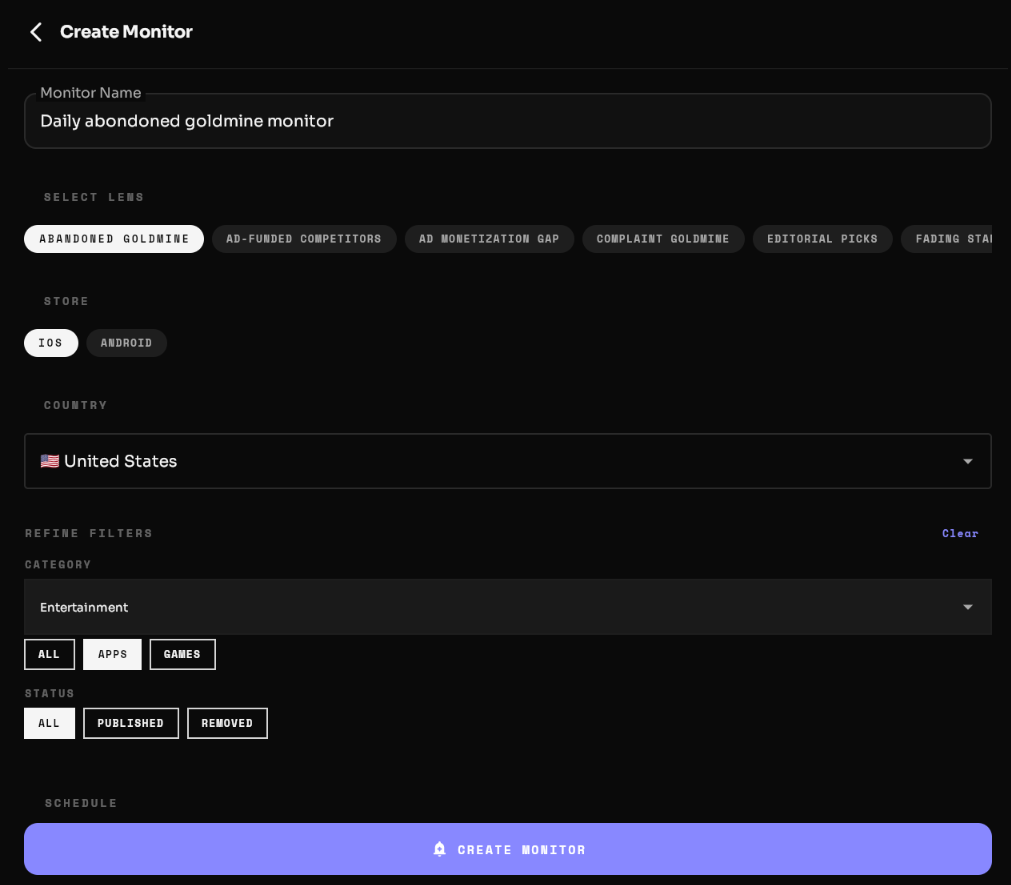 Setting up a daily monitor in AppScout to track specific app niches and revenue triggers